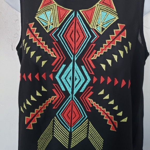 Lush XS Black Chiffon Tank Top Sleeveless Blouse Western Embroidery Keyhole - Picture 8 of 8